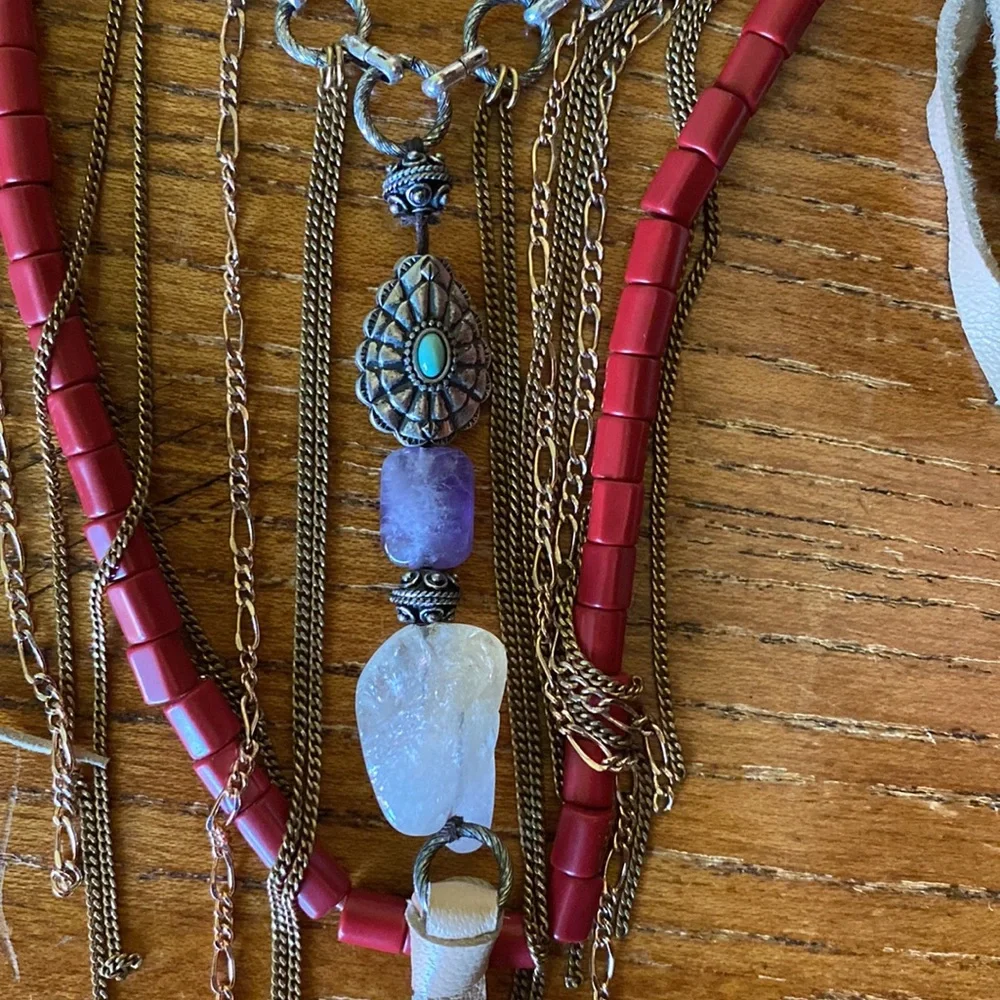Lucky Brand Bohemian Silver and Red Necklace with leather tassels. - Picture 4 of 5